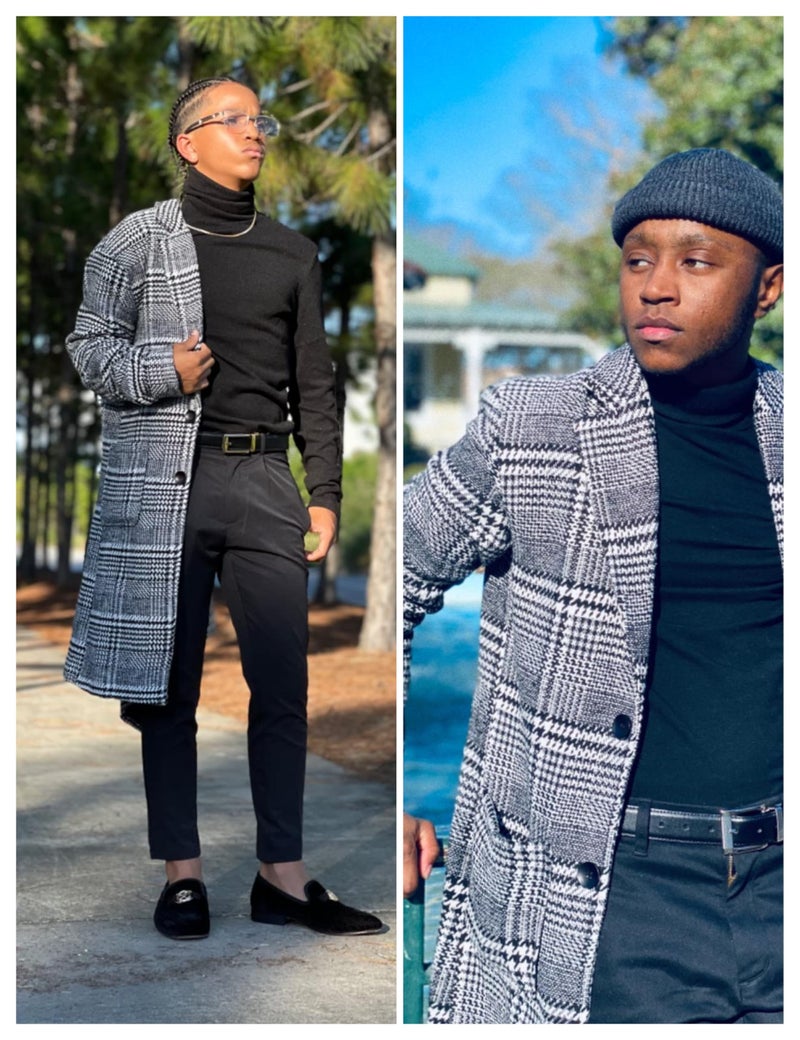 UANEO Mens Trench Coat Single Breasted Plaid Mid Long Peacoat Pea Coats (Gray, S) - Image 3
